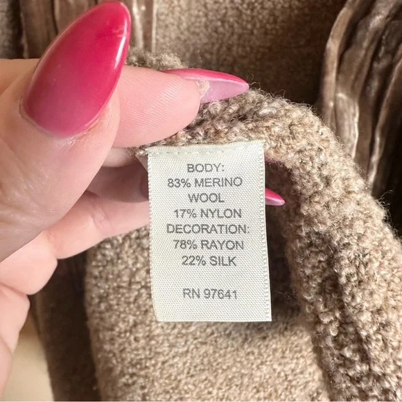 J. Jill Velvet Trim Merino Wool Silk Blend Brown Cardigan Duster Size Medium - Picture 10 of 16